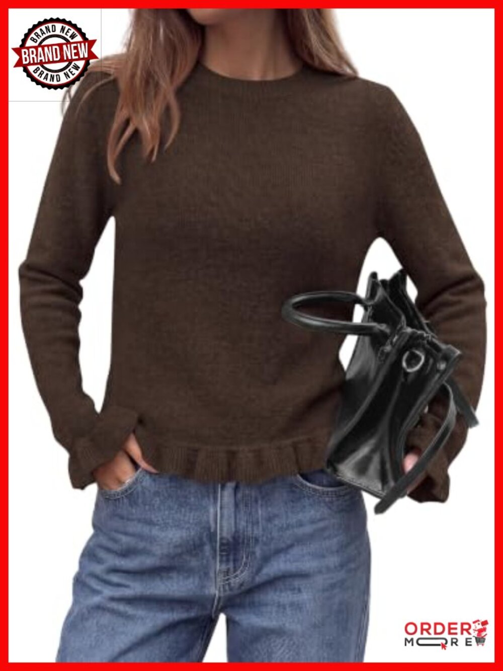 Women's Ruffle Knit Pullover Sweater Cozy Crew Neck Long Sleeve Fall Winter